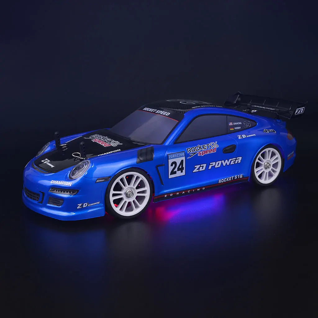 Voiture télécommandée Porsche bleu à haute vitesse
