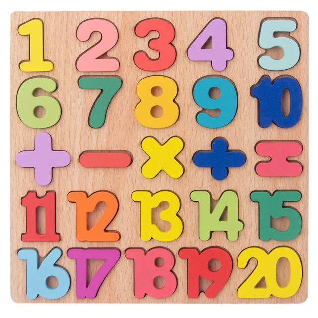 Planche de bois avec puzzle coloré alphabet et chiffre