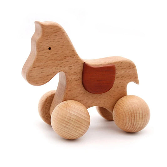 Jouet Montessori en bois cheval à roulettes