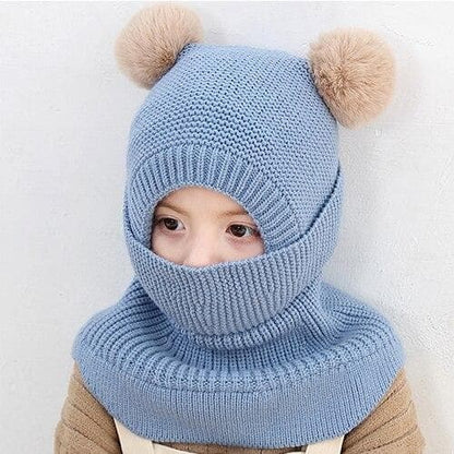 Cagoule et écharpe en tricot à double pompon