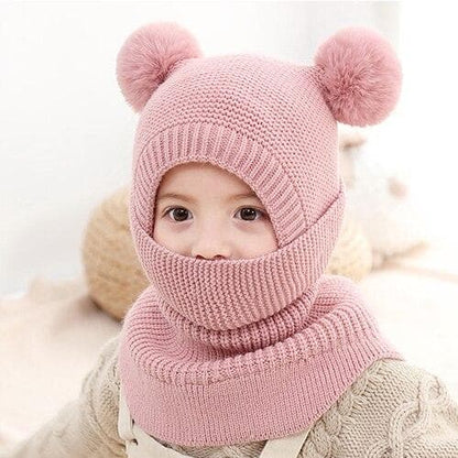 Cagoule et écharpe en tricot à double pompon