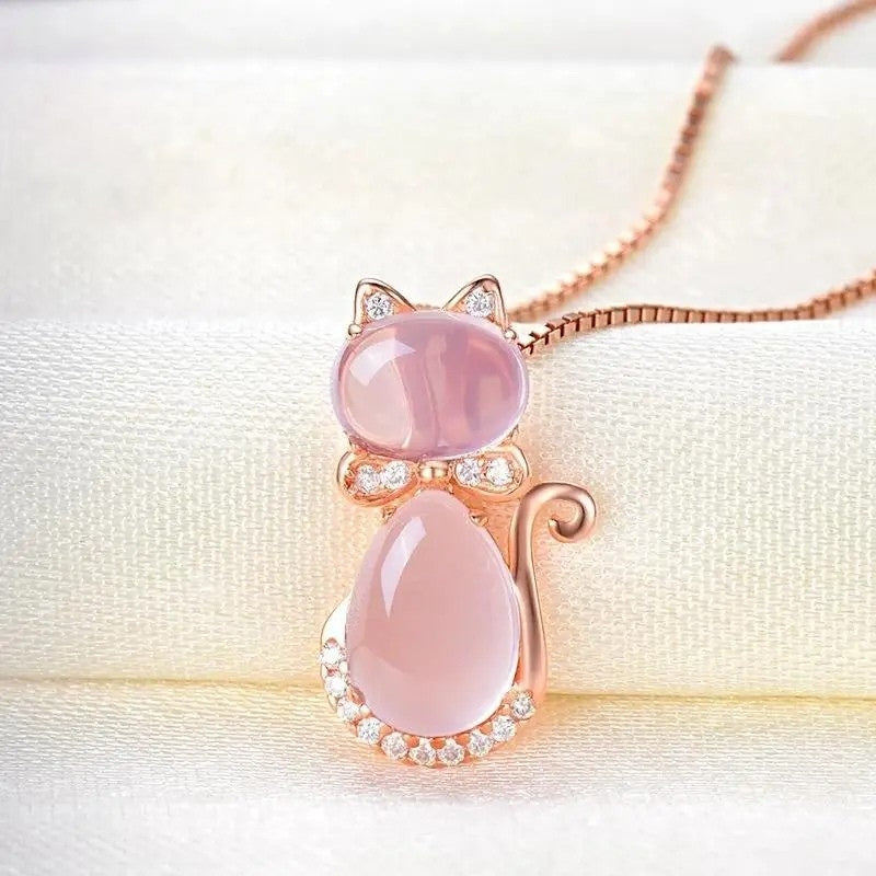 Collier ras du cou forme chat en quartz rose