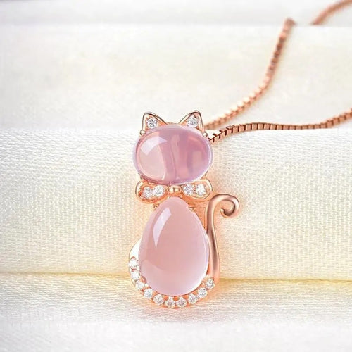 Collier ras du cou forme chat en quartz rose