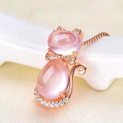 Collier ras du cou forme chat en quartz rose
