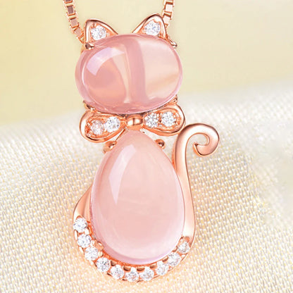 Collier ras du cou forme chat en quartz rose
