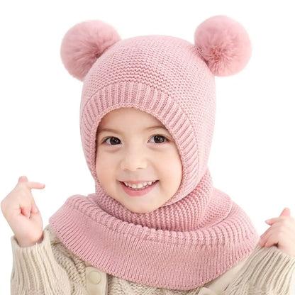 Cagoule et écharpe en tricot à double pompon