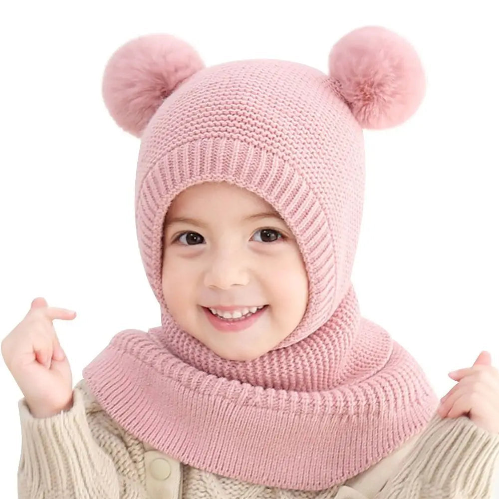 Cagoule et écharpe en tricot à double pompon