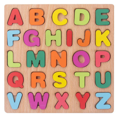 Planche de bois avec puzzle coloré alphabet et chiffre