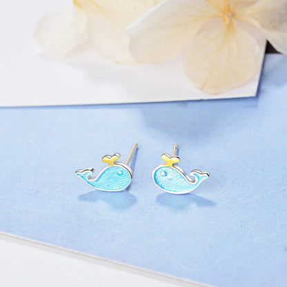 Clou d’oreille en forme de baleine bleu pour fille