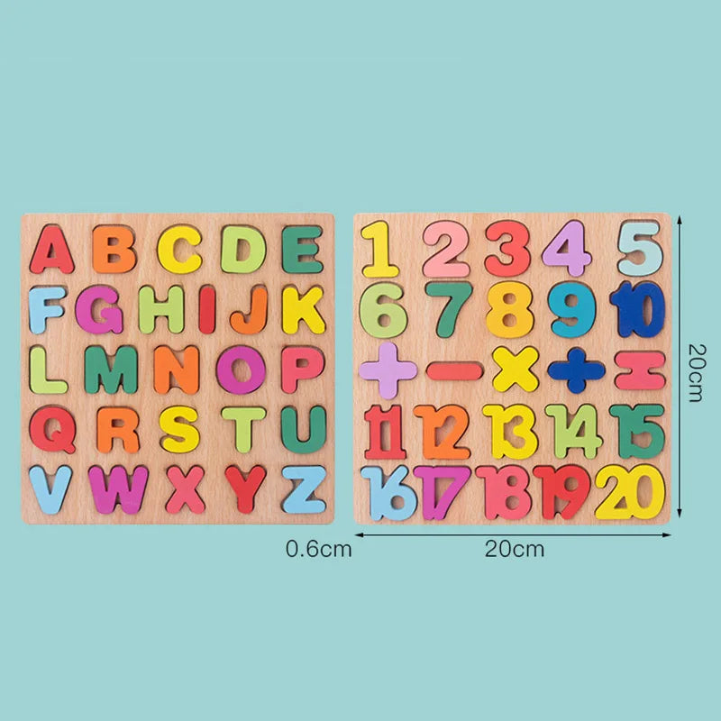Planche de bois avec puzzle coloré alphabet et chiffre