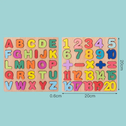 Planche de bois avec puzzle coloré alphabet et chiffre