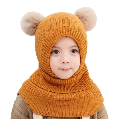 Cagoule et écharpe en tricot à double pompon