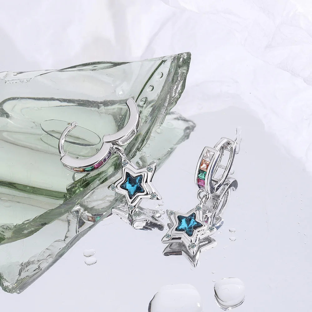Boucle d’oreilles à motif étoile bleu cristal et strass