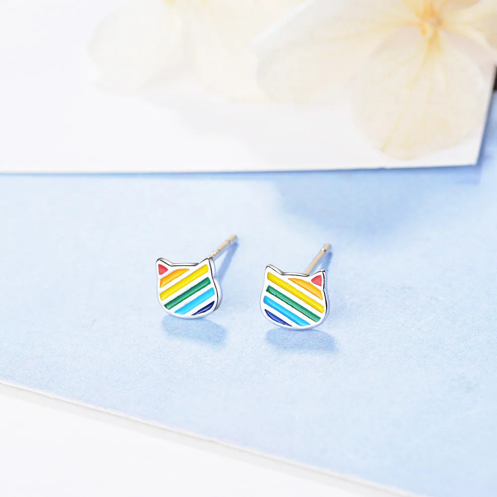 Boucles d’oreilles en forme de chat arc en ciel pour fillette