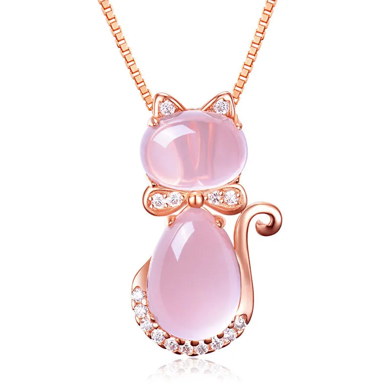 Collier ras du cou forme chat en quartz rose