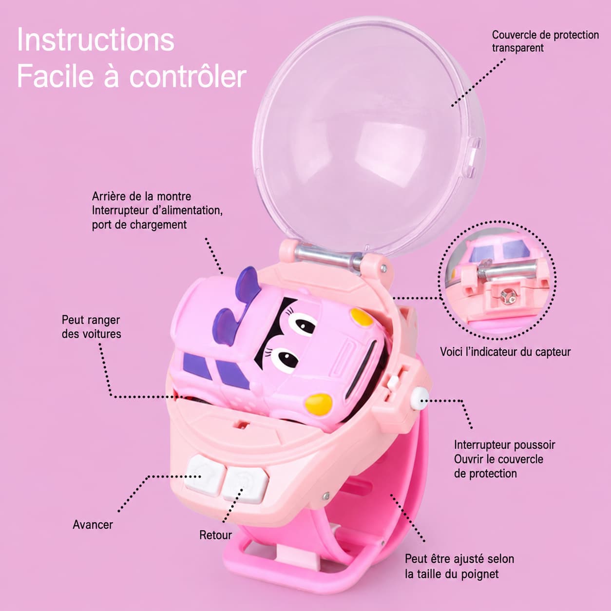 Voiture montre télécommandée rose pour enfants