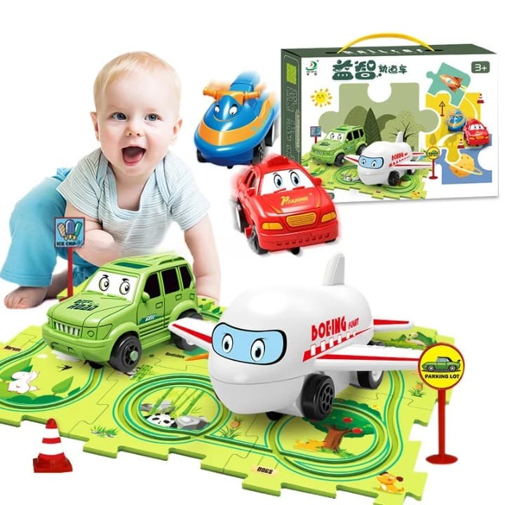 Tapis de jeu en puzzle avec circuit de course à thème pour enfant