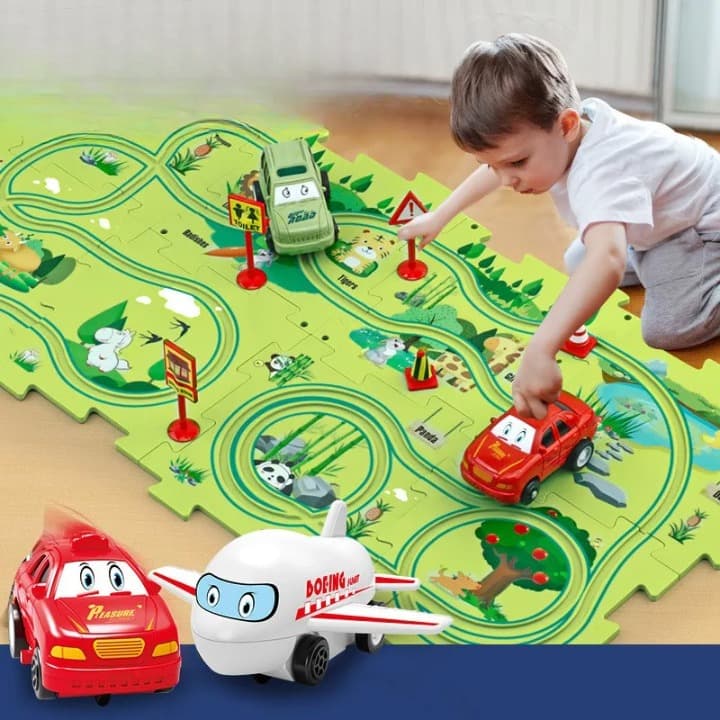Tapis de jeu en puzzle avec circuit de course à thème pour enfant